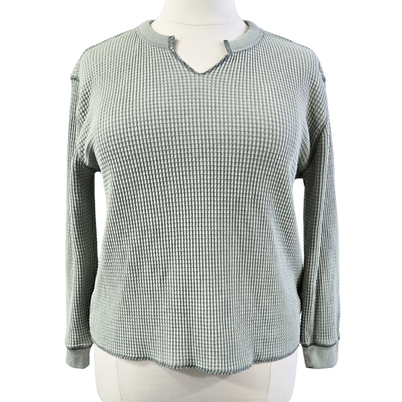 Madewell NC632 Pale Green Waffle Split-Neck Crop Tee Long Sleeve Soft Thermal - Picture 1 of 9